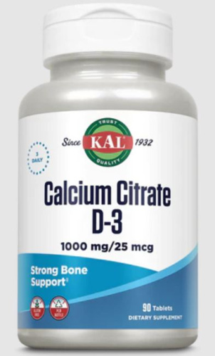 KAL Кальций цитрат с витамином D-3 (Calcium Citrate D3) 1000 мг. / 25 мкг. 90 таблеток