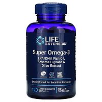 Life Extension Super Omega-3 EPA/DHA Fish Oil, Sesame Lignans & Olive Extract (Супер омега-3 из рыбьего жира с ЭПК и ДГК, с лигнанами кунжута и экстрактом оливы) 120 мягких капсул покрытых кишечнорастворимой оболочкой
