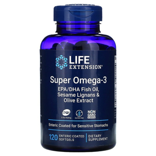 Life Extension Super Omega-3 EPA/DHA Fish Oil, Sesame Lignans & Olive Extract (Супер омега-3 из рыбьего жира с ЭПК и ДГК, с лигнанами кунжута и экстрактом оливы) 120 мягких капсул покрытых кишечнорастворимой оболочкой