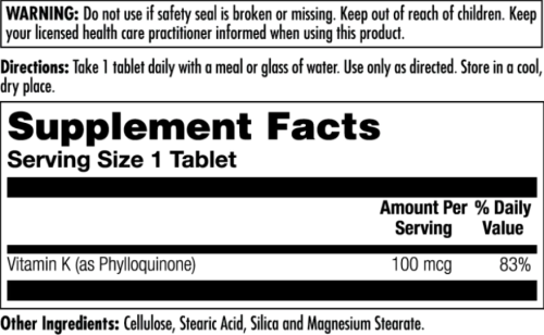 KAL Vitamin K (Витамин K) 100 мкг. 100 таблеток фото 2