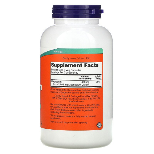 Now Foods Magnesium Citrate (Цитрат магния) 400 мг. 240 растительных капсул фото 2