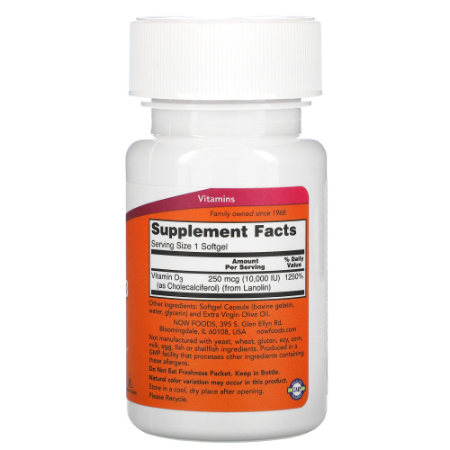 Now Foods Vitamin D-3 Витамин Д-3 10000 IU (250 мкг.) 120 капсул фото 2