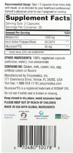 Enzymedica Betaine HCL (Бетаин Гидрохлорид) 60 капсул фото 2