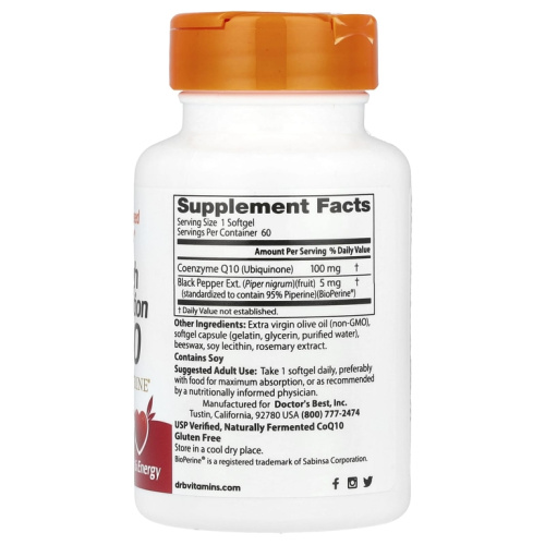Doctor's Best High Absorption CoQ10 with BioPerine (Коэнзим Q10 с высокой абсорбцией с биоперином) 100 мг. 60 мягких капсул фото 2
