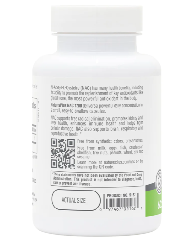 NaturesPlus PRO NAC (N-ацетил-L-цистеин) 1200 мг. 60 капсул фото 3