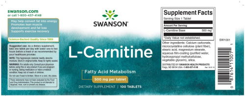 Swanson L-Carnitine (L-Карнитин) 500 мг. 100 таблеток фото 2