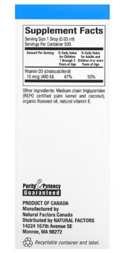Vitamin D3 Drops for Kids 10 мкг (400 МЕ) 15 мл (Natural Factors) фото 3
