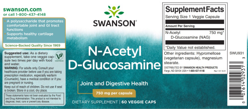 N-Acetyl D-Glucosamine 750 mg (N-A-G) N-ацетил D-глюкозамин 750 мг 60 вег капсул (Swanson) фото 2
