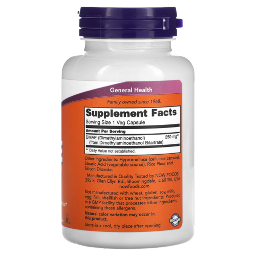 Now Foods DMAE (Диметиламиноэтанол) 250 мг. 100 растительных капсул фото 2