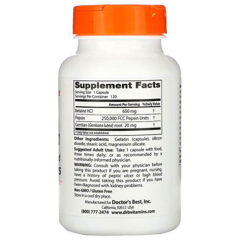 Betaine HCL Pepsin & Gentian Bitter(горькая настойка из бетаингидрохлорида) 120 капс.(Doctor's Best) фото 2