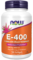 Now Foods Витамин E-400 Mixed Tocopherols plus Selenium Смешанные Токоферолы и Селен 100 капсул