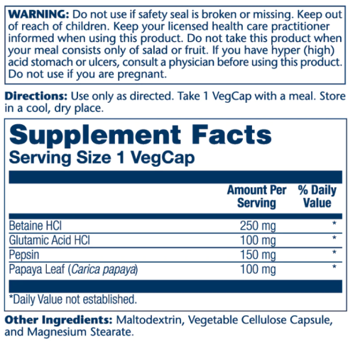 Solaray Betaine HCL with Pepsin (Бетаин гидрохлорид c пепсином) 250 мг. 180 растительных капсул фото 2