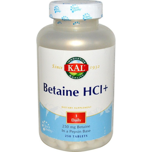 KAL Betaine HCl+ (Бетаина гидрохлорид+) 250 мг. 250 таблеток KAL Betaine HCl+ (Бетаина гидрохлорид+) 250 мг. 250 таблеток