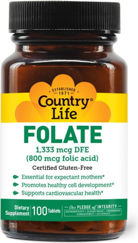 Folate 1,333 mcg DFE (800 mcg folic acid) 100 таблеток (Country Life)