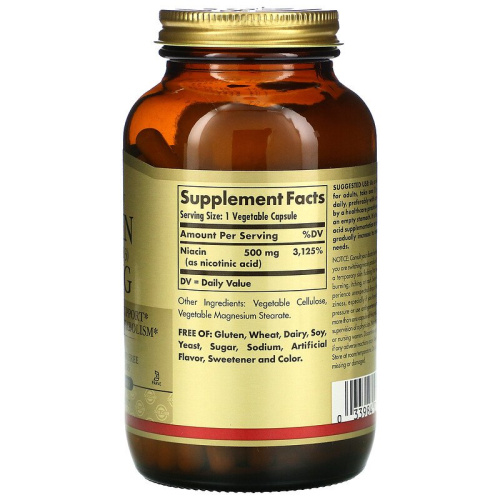 Solgar Ниацин (Витамин B3) 500 мг. 250 растительных капсул фото 2