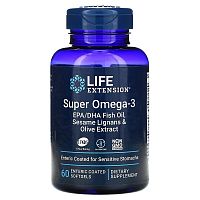 Life Extension Super Omega-3 EPA/DHA Fish Oil, Sesame Lignans & Olive Extract (Супер омега-3 из рыбьего жира с ЭПК и ДГК, с лигнанами кунжута и экстрактом оливы) 60 мягких капсул покрытых кишечнорастворимой оболочкой