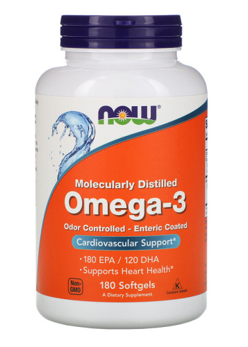 Now Foods Omega-3 Molecularly Distilled (Молекулярно очищенная Омега-3) 180 EPA / 120 DHA 1000 мг. 180 мягких капсул