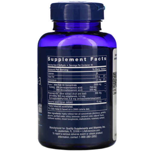 Life Extension Super Omega-3 EPA/DHA Fish Oil Sesame Lignans & Olive Extract 60 капсул фото 2