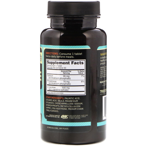 L-Carnitine 500 mg (Л-Карнитин 500 мг) 60 таблеток (Optimum Nutrition) фото 2
