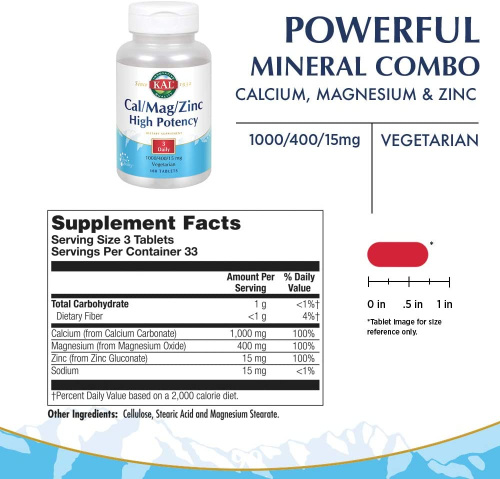 KAL Cal/Mag/Zinc High Potency (Кальций магний цинк, высокой эффективности) 1000/400/15 мг. 100 таблеток фото 2