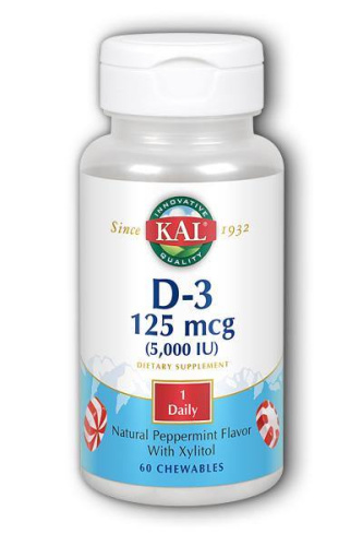 Vitamin D-3 125 mcg (5000 IU) Витамин Д-3 125 мкг (5000 МЕ) 60 жевательных таблеток (KAL) фото 3