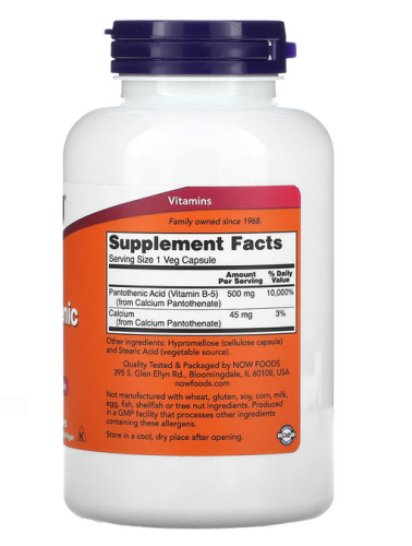 Now Foods Pantothenic Acid (Витамин B5, Пантотеновая Кислота) 500 мг. 250 капсул фото 2