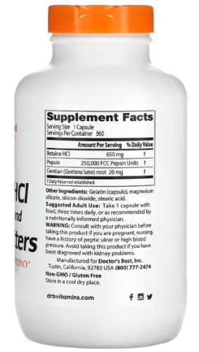 Betaine HCL Pepsin and Gentian Bitters (Бетаин HCL пепсин) 360 капсул (Doctor's Best) фото 3