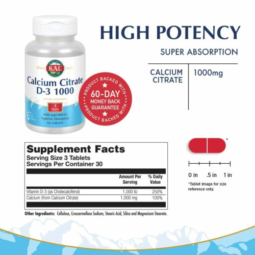 KAL Кальций цитрат с витамином D-3 (Calcium Citrate D3) 1000 мг. / 25 мкг. 90 таблеток фото 3
