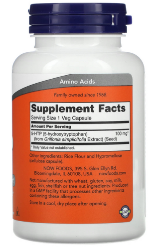 Now Foods 5-HTP (5-гидрокситриптофан) 100 мг. 120 вегетарианских капсул фото 2