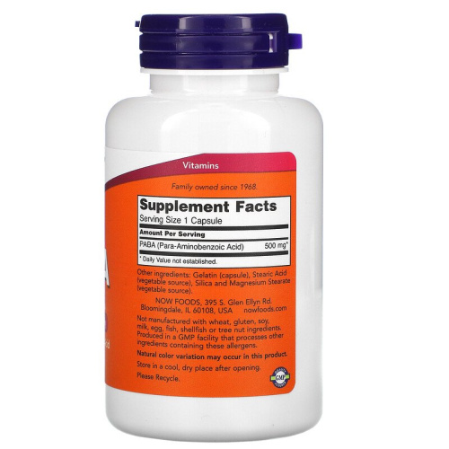 Now Foods PABA (Парааминобензойная кислота) 500 мг. 100 капсул фото 2