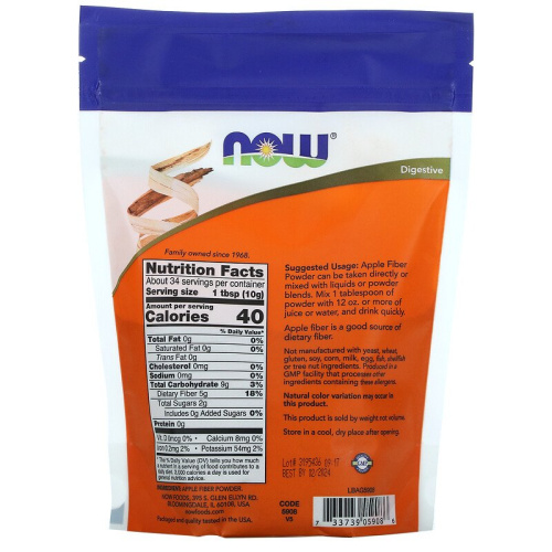 Apple Fiber Pure Powder (яблочная клетчатка чистый порошок) 340 г (Now Foods) фото 2