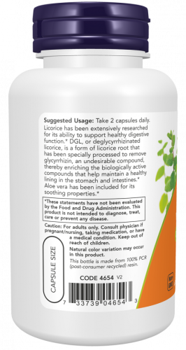 Now Foods DGL with Aloe Vera (Глицирризинат экстракта из корня солодки с алоэ вера) 400 мг. 100 растительных капсул фото 2