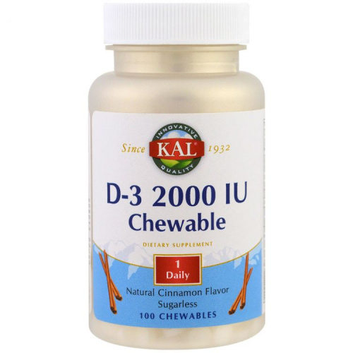 KAL Витамин D-3 50 мкг. 2000 IU 100 жевательных таблеток со вкусом корицы, без сахара фото 3