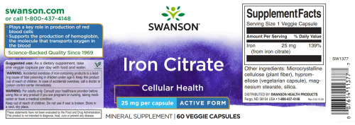 Swanson Iron Citrate (Цитрат железа) 25 мг. 60 растительных капсул фото 2