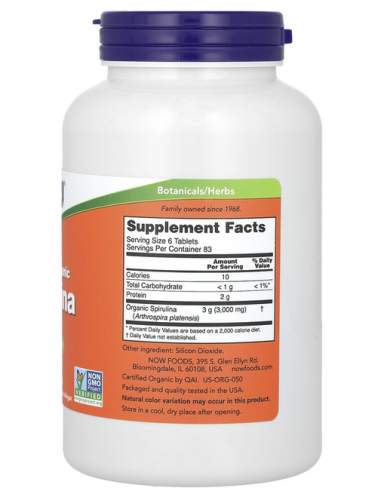 Now Foods Сертифицированная органическая спирулина (Spirulina) 500 мг. 500 таблеток фото 2
