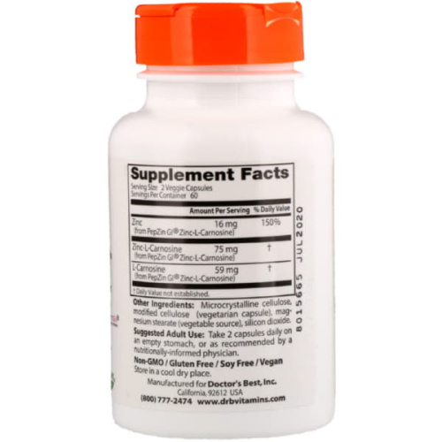 Doctor's Best PepZin GI (Комплекс Цинк-L-Карнозина) 120 растительных капсул фото 2