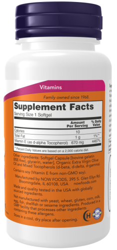 Now Foods Витамин E-1000 с разными типами токоферола (Mixed Tocopherols) 100 мягких капсул  фото 3
