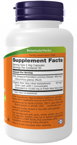 Now Foods DGL with Aloe Vera (Глицирризинат экстракта из корня солодки с алоэ вера) 400 мг. 100 растительных капсул фото 3