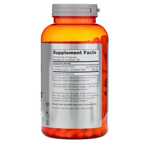 Now Foods Sports Arginine & Ornithine (Аргинин & Орнитин) 500/250 мг. 250 капсул фото 2