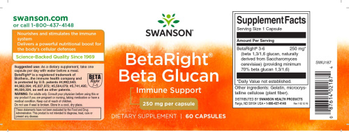 Beta Glucans 250 mg BetaRight® (Бета-глюканы 250 мг) 60 капс (Swanson) фото 2