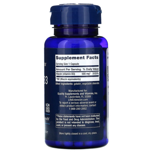 Life Extension Vitamin B3 Niacin (Витамин В3 Ниацин) 500 мг. 100 капсул фото 2