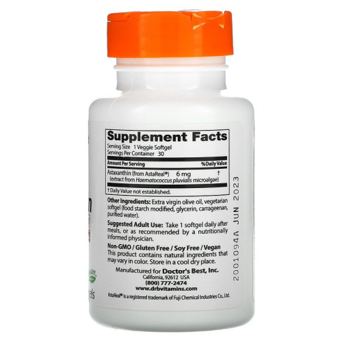 Astaxanthin 6 mg with AstaReal (Астаксантин 6 мг) 30 вег гелевых капсул (Doctor's Best)  фото 2