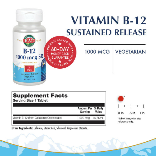 KAL Витамин B-12 SR 1000 мкг. 50 таблеток фото 2