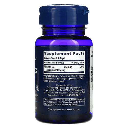 Life Extension Витамин D3 (Vitamin D3) 1000 IU 25 мкг. 90 капсул фото 2