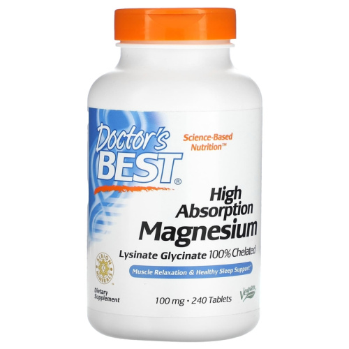 Doctor's Best High Absorption Magnesium Lysinate Glycinate 100% Chelated (Магний с высокой абсорбцией, Лизинат глицинат 100% хелатный) 100 мг. 240 таблеток