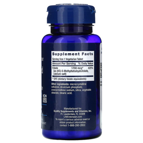 Life Extension Optimized Folate L-Methylfolate (Оптимизированный Фолат) 1700 мкг. DFE 100 вегетарианских таблеток фото 2
