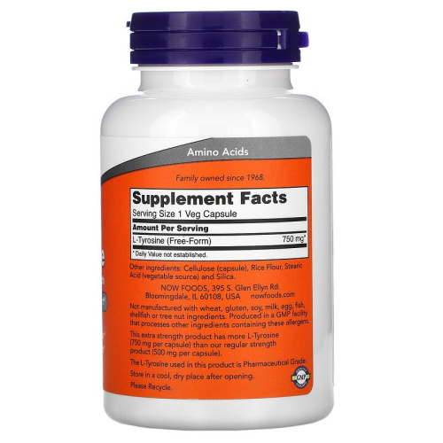 Now Foods L-Tyrosine (L-Тирозин) 750 мг. 90 растительных капсул фото 2