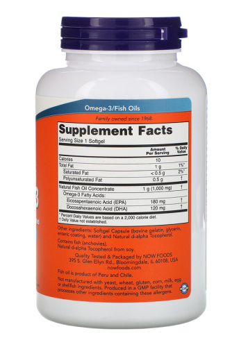 Now Foods Omega-3 Molecularly Distilled (Молекулярно очищенная Омега-3) 180 EPA / 120 DHA 1000 мг. 180 мягких капсул фото 2