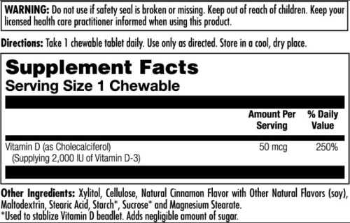 KAL Витамин D-3 50 мкг. 2000 IU 100 жевательных таблеток со вкусом корицы, без сахара фото 5