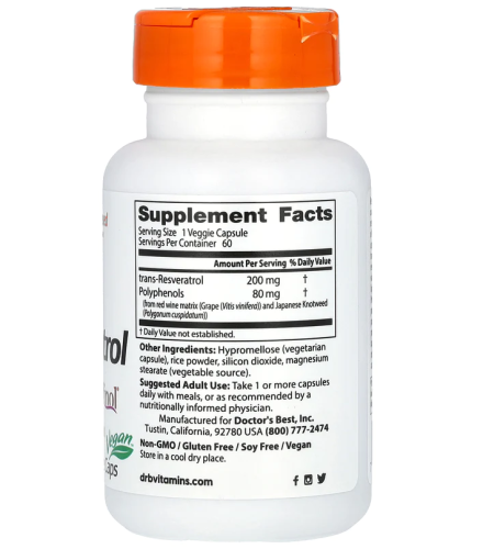 Trans-Resveratrol with Resvinol 200 mg (Транс-Ресвератрол 200 мг) 60 вег капс (Doctor's Best) фото 2